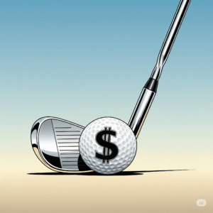 Our_Story A stylized illustration of a golf club head resting against a golf ball that has a dollar sign on it, representing the concept of budget-friendly golf.