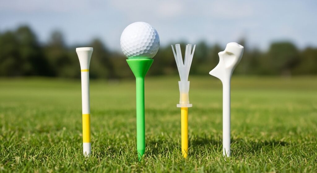 Assortment of different types of golf tees (wooden, plastic, brush) in green grass, representing the various options available for budget golfers.