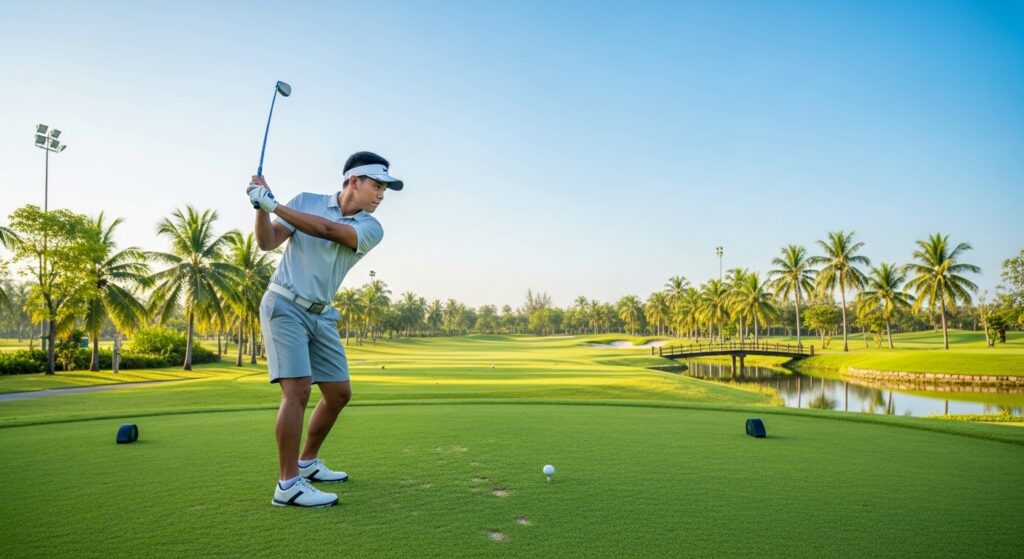 Young Asian golfer teeing off on a beautiful and affordable public golf course in Southeast Asia.