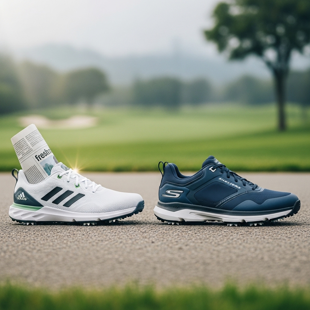 Two pairs of golf shoes on a path, one drying with newspaper, symbolizing smart rotation for longer life and savings.