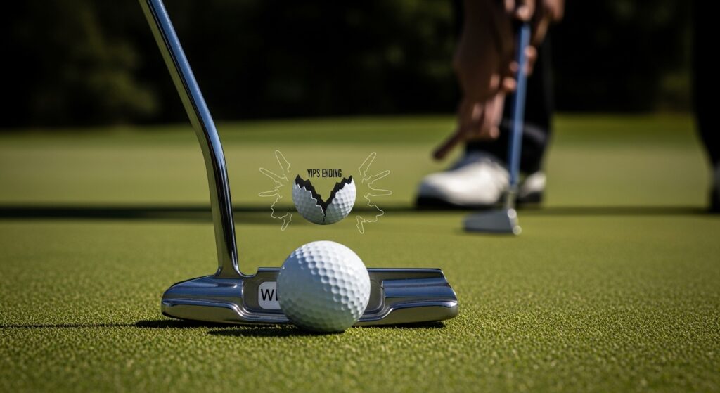 Close-up of a chrome blade putter over a golf ball on the green, symbolizing precision and confidence in overcoming the yips