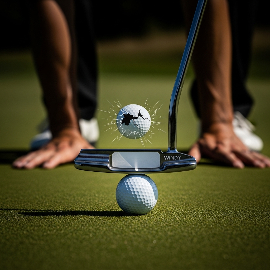 Close-up of a chrome blade putter over a golf ball on the green, symbolizing precision and confidence in overcoming the yips.