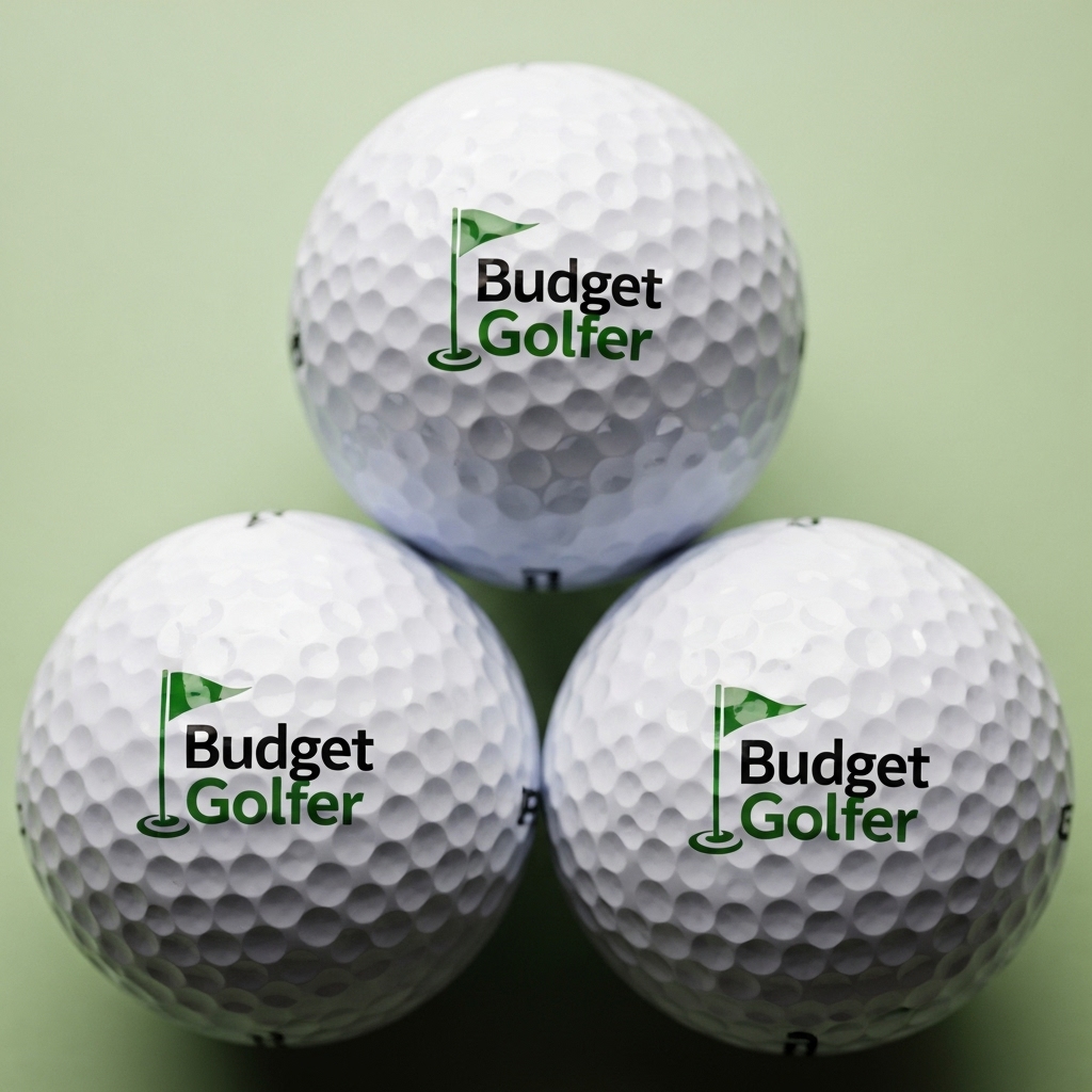 Three white golf balls branded with the official 'Budget Golfer' logo, representing our guide to the best value golf balls in Singapore