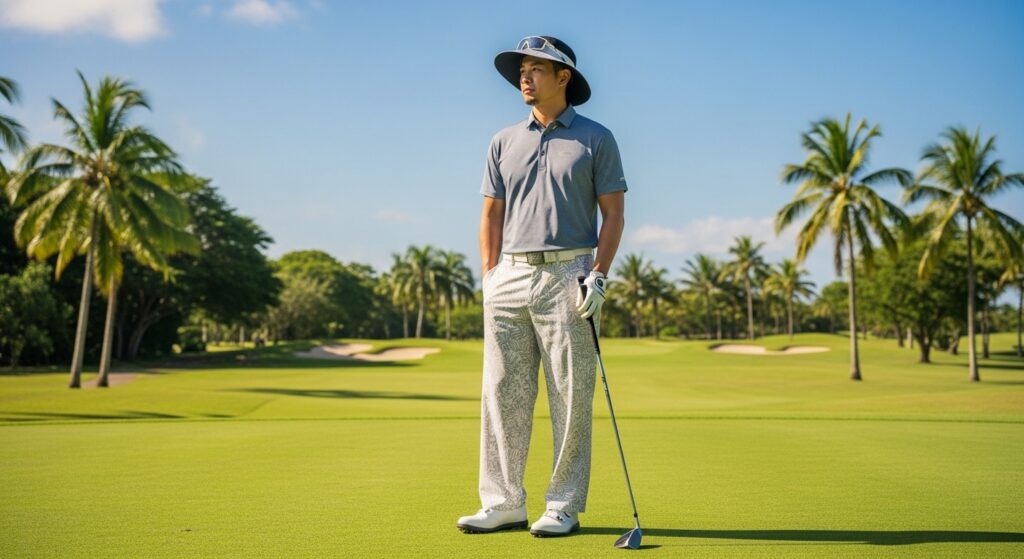 A stylish male golfer on a tropical course demonstrating modern golf attire, including wide printed pants, a grey polo shirt, and a wide-brimmed sun hat.