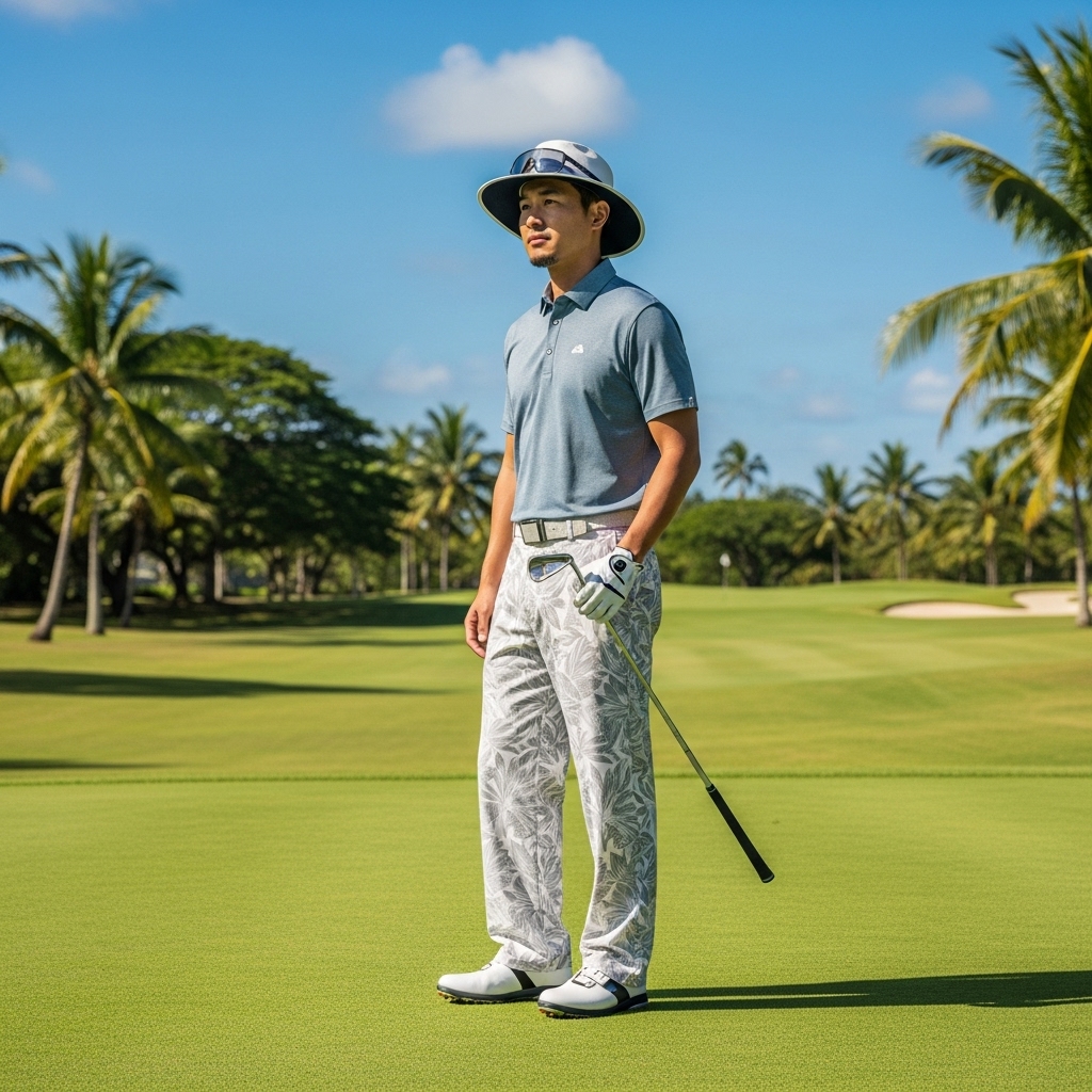 A stylish male golfer on a tropical course demonstrating modern golf attire, including wide printed pants, a grey polo shirt, and a wide-brimmed sun hat.