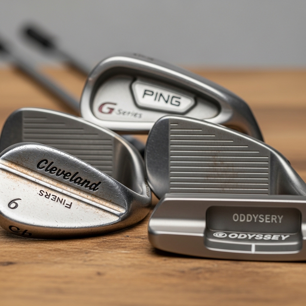 Collection of pre-loved, mismatched golf clubs on a wooden workbench, including TaylorMade driver, Ping iron, Cleveland wedge, and Odyssey putter, representing a budget-friendly "Franken-Bag" set for smart golfers.