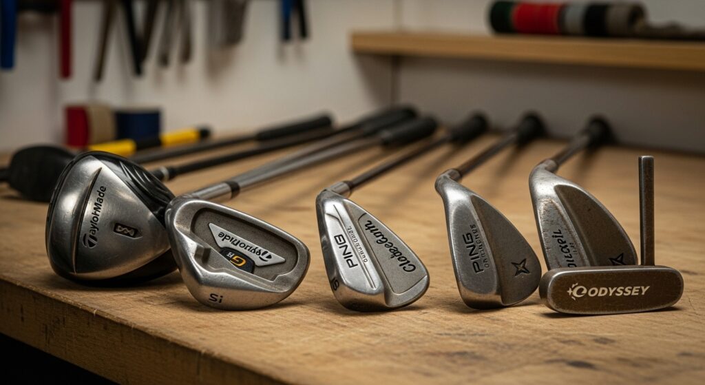 Collection of pre-loved, mismatched golf clubs on a wooden workbench, including TaylorMade driver, Ping iron, Cleveland wedge, and Odyssey putter, representing a budget-friendly "Franken-Bag" set for smart golfers.